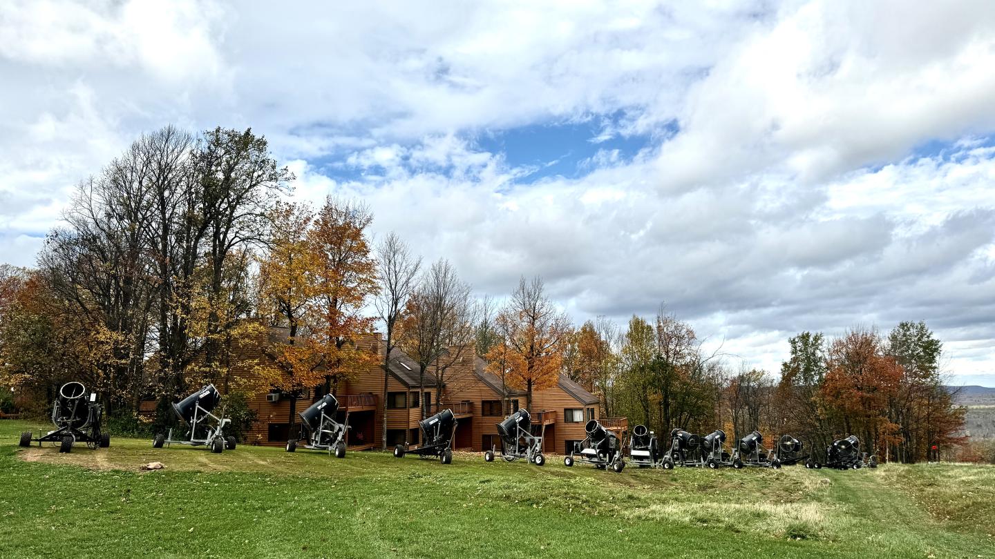 Snowguns lined up ready to be deployed across the mountain